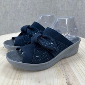 Bzees Smile Bright 9.5 Navy Blue Rhinestone Bow Wedge Sandals Platform Shoes